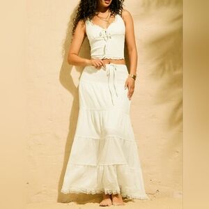 Flowy Flared Ruffle Summer Boho Long Maxi Skirt Outfits 2 Piece Set Yellow